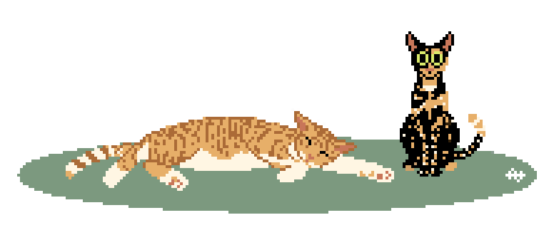 Pixel art animé de deux chats : un roux et une écaille de tortue